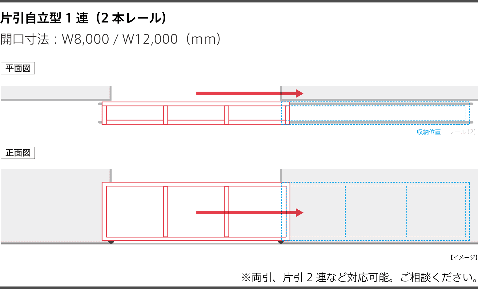 片引自立型1連(2本レール)W8,000 / W12,000(mm)※両引、片引2連など対応可能。ご相談ください。